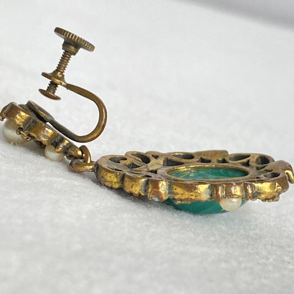 Ornate Dangle Drop Bronze Filagree Tiny Pearly Beads Central Green Stone - Picture 6 of 9